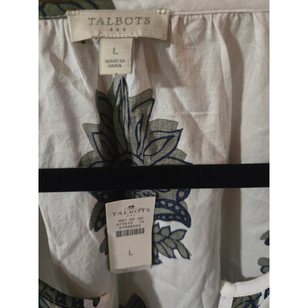 Talbots Womens White Blue Floral Block Print Cotton Peasant Blouse Top Large NWT - Picture 4 of 6